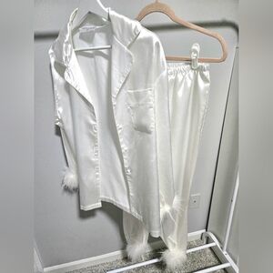Elegant White Satin Pajama Set with Feather Trim